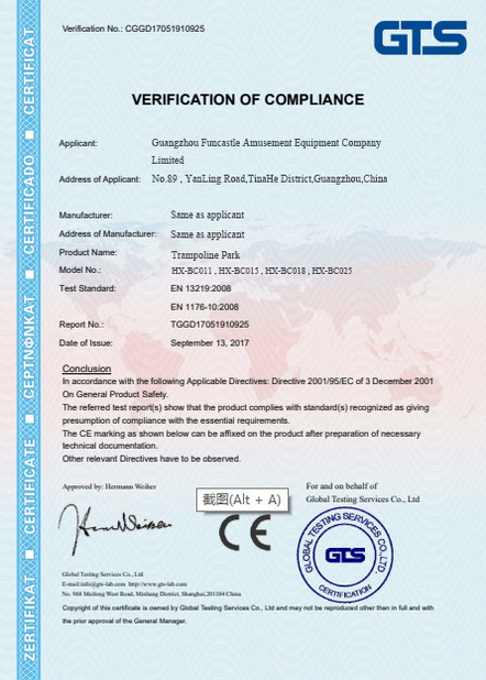 China Guangzhou Funcastle Amusement Equipment Co., Ltd Certification